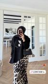 Saten Kumaş Leopar Etekli Takım Siyah
